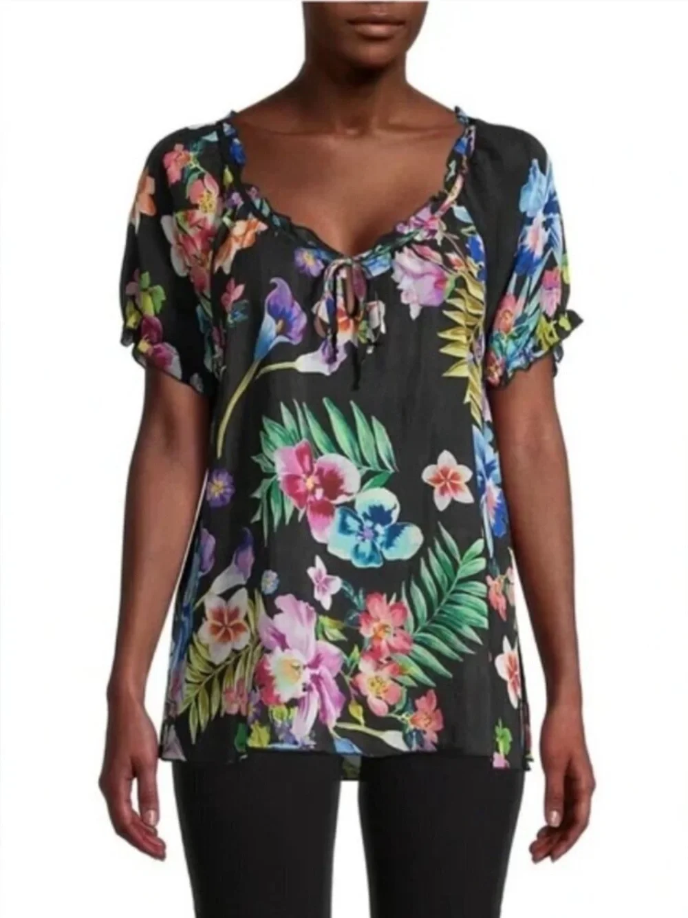 Johnny Was Aruba Kadence Black Tropical Floral Print size M